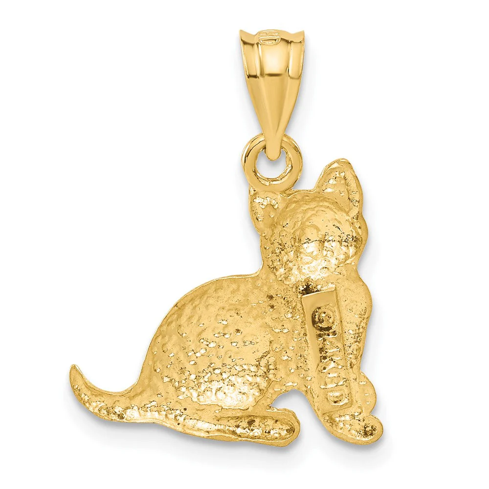 14k Yellow Gold Satin and Polished, Diamond Cut Cat Pendant - Image 3
