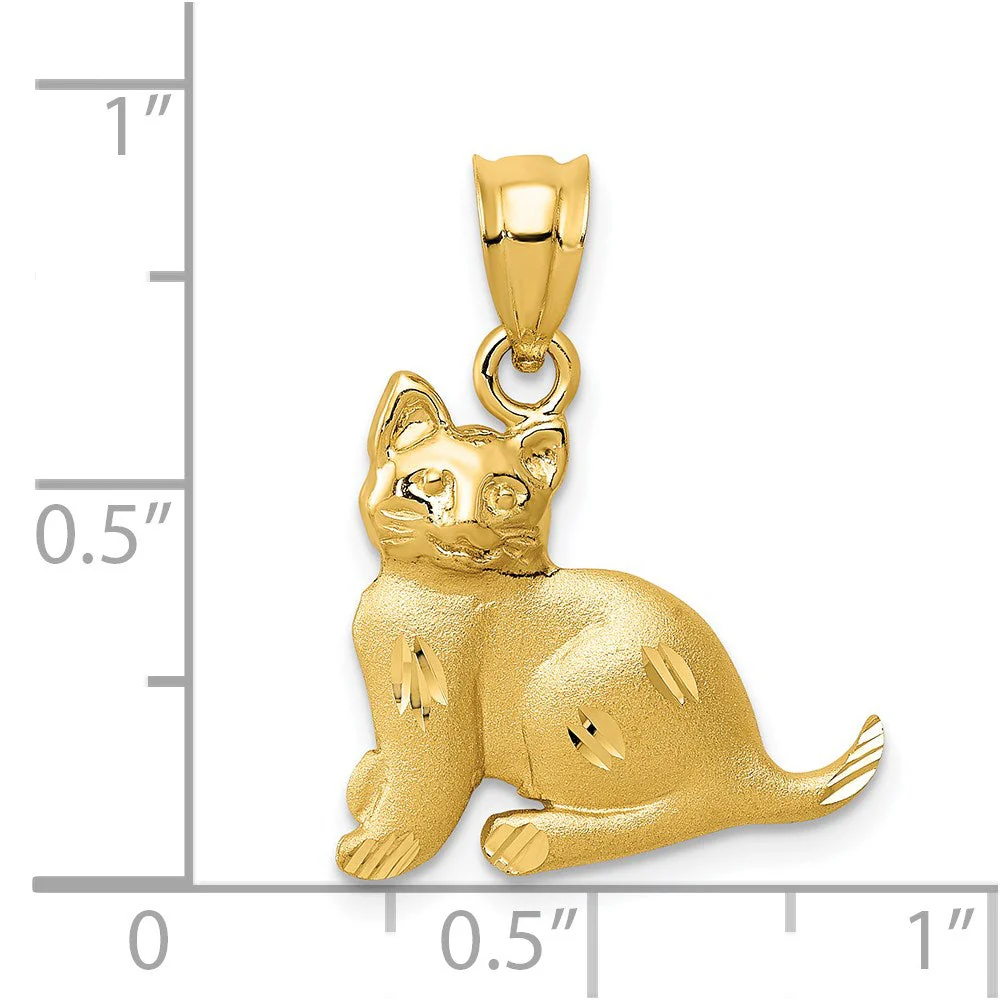 14k Yellow Gold Satin and Polished, Diamond Cut Cat Pendant - Image 4