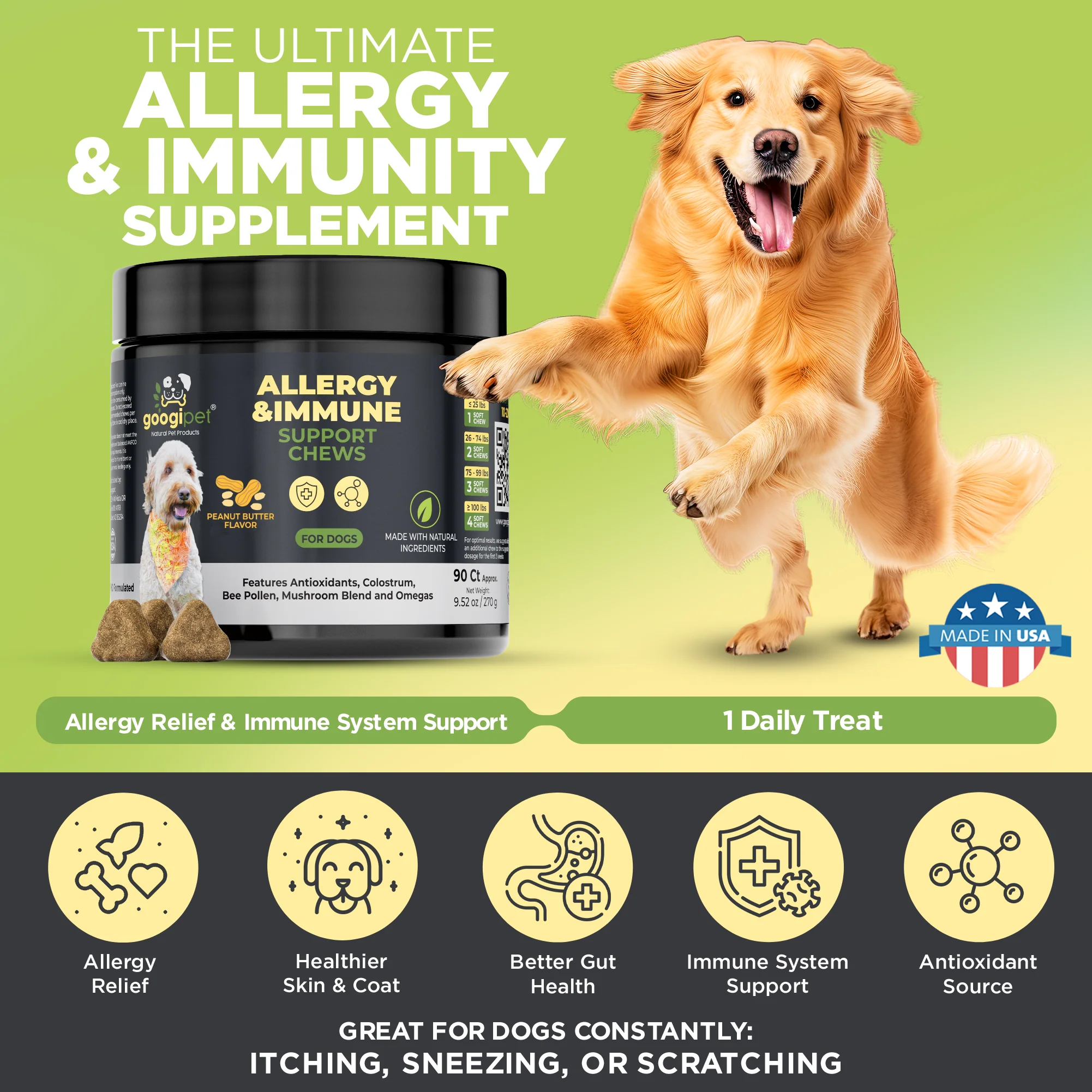 Googipet Allergy & Immune Support Chews for Dogs (Peanut Butter Flavor) - Image 3
