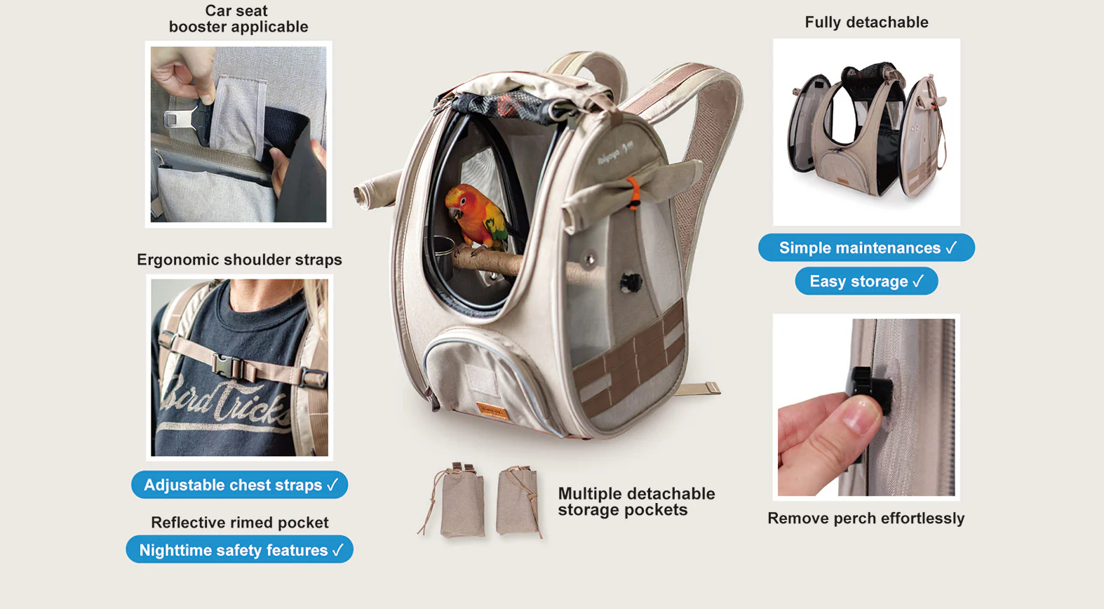 Ibiyaya BirdTricks TrackPack for Birds, Patented Bird Carrier Backpack with Perch, Airline Approved - PreOrders Only - Image 8