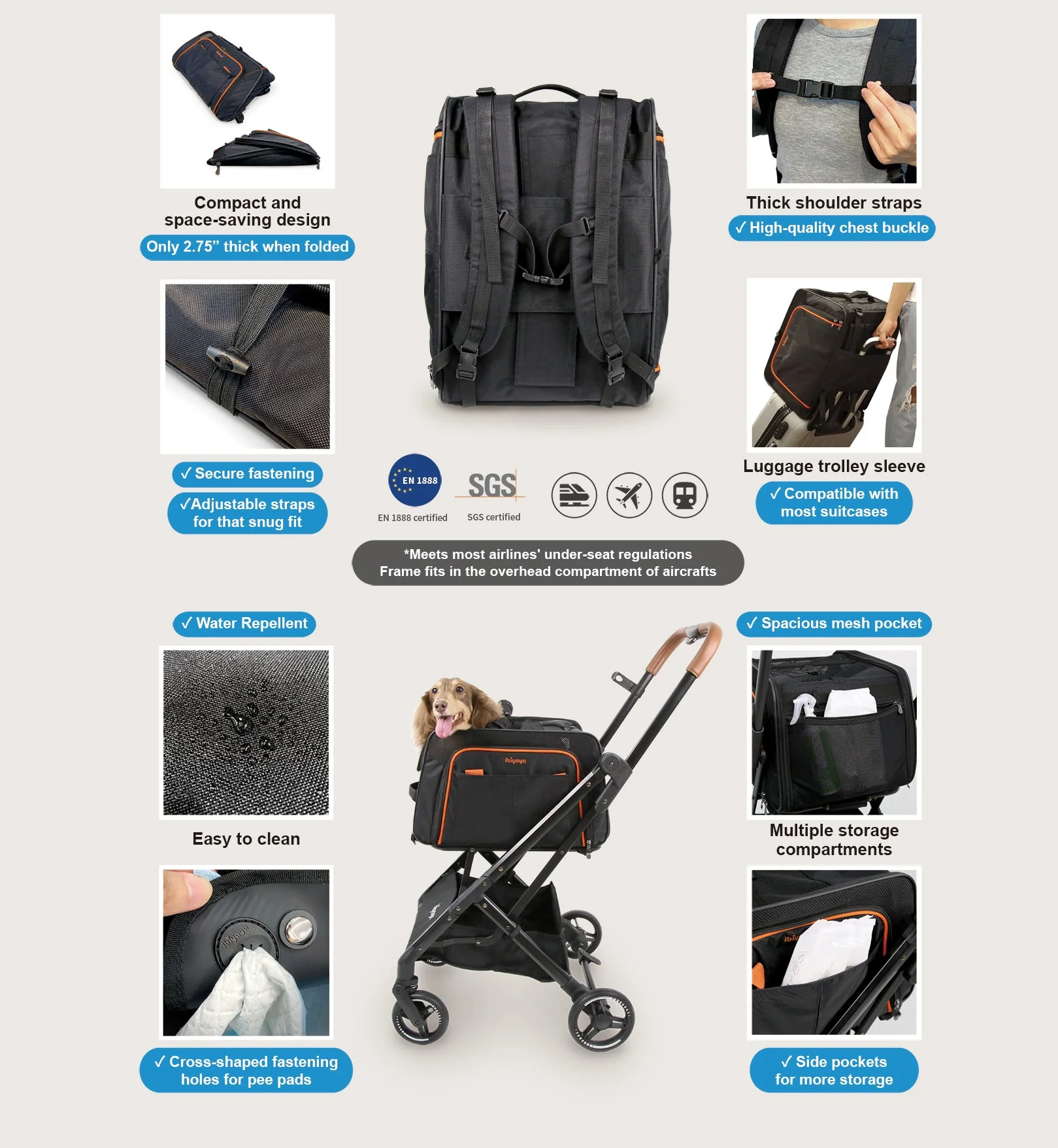 Ibiyaya JetPaw: 3-in-One Pet Stroller with Removable Airline-Approved Carrier Expandable Rolling Pet Carrier-Backpack for Dogs & Cats - Image 6