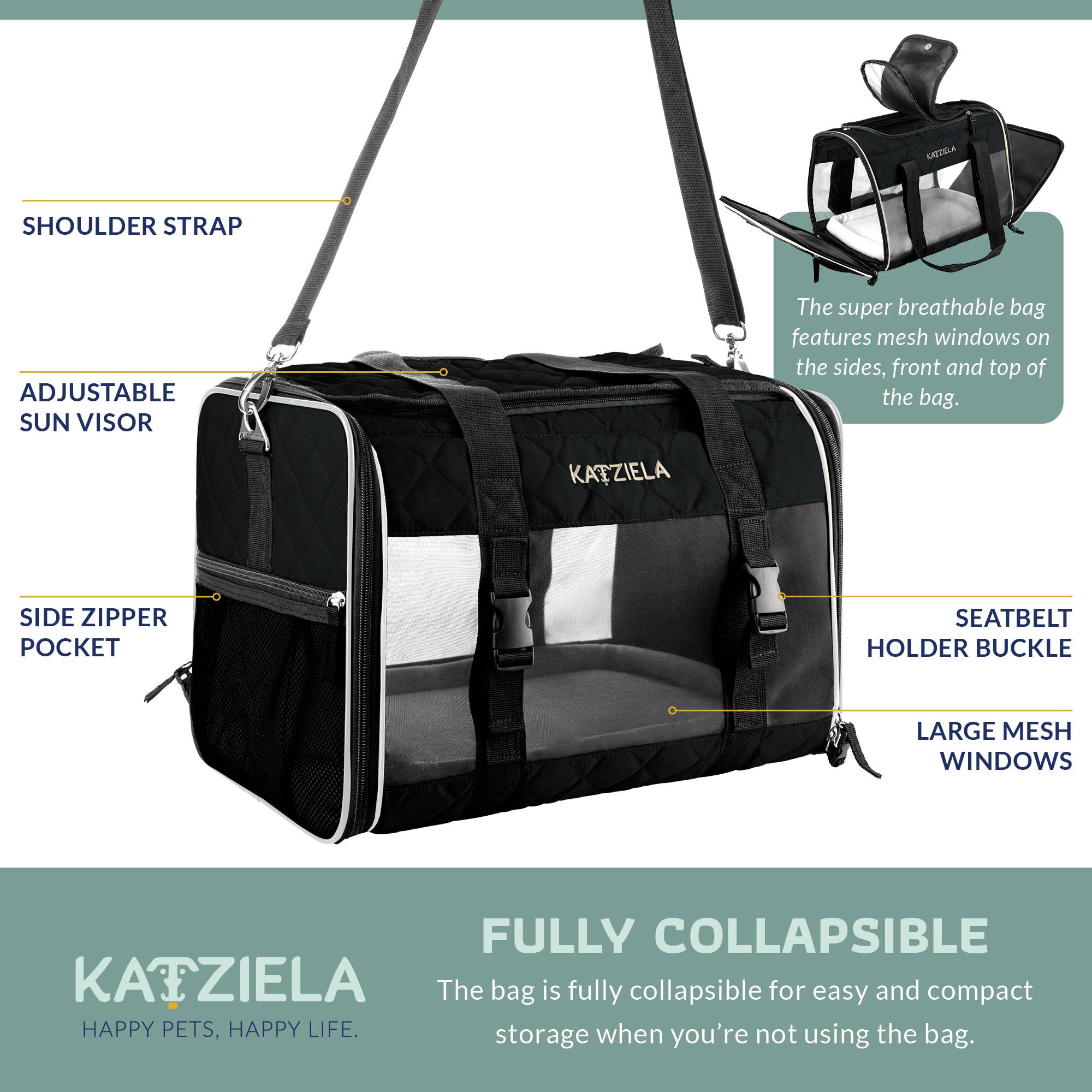 Katziela Airline Compliant Quilted Companion Cat & Dog Carrier - Black - Image 5