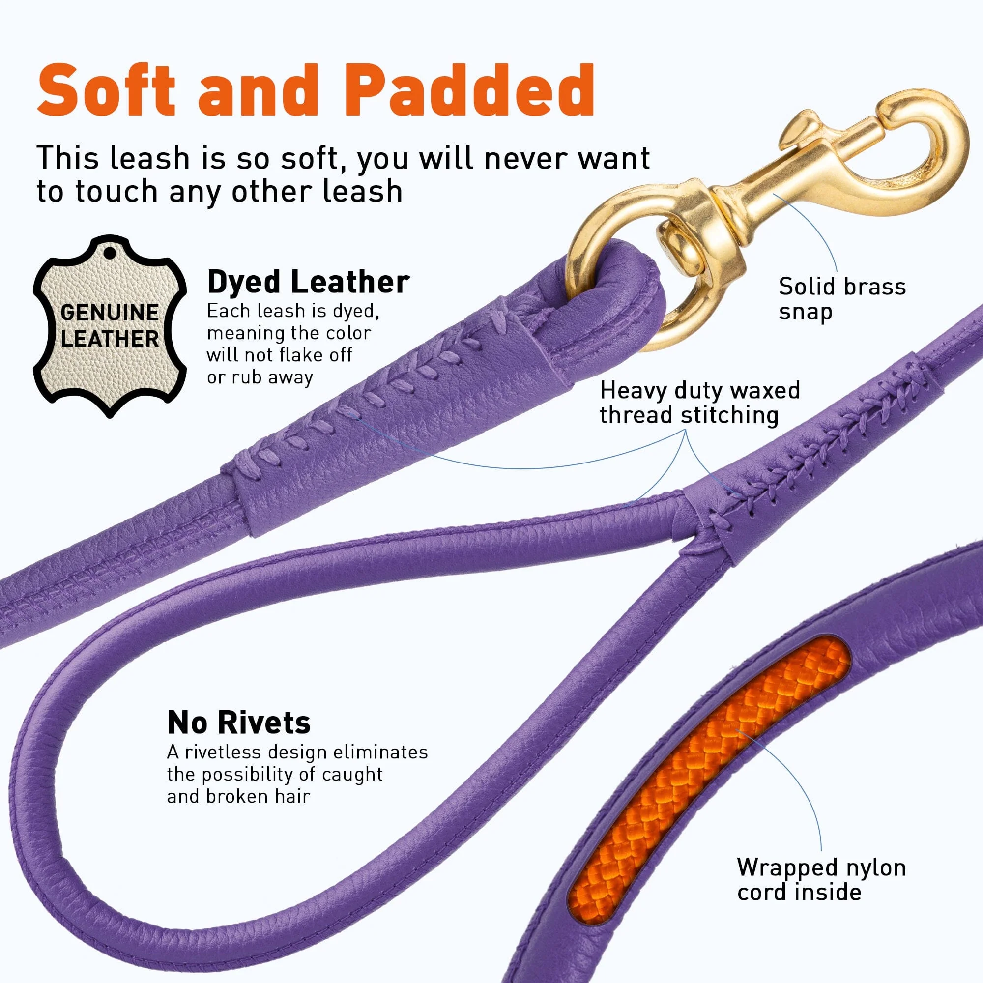 Rolled Leather Dog Leash with Brass Snap Hook - Image 5